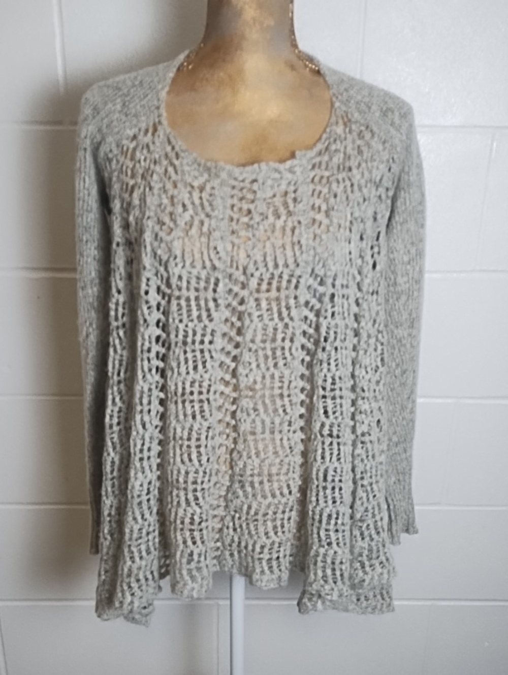 Light Gray Marled Open-Weave Scoop Neck Sweater Tunic S/M 8/10